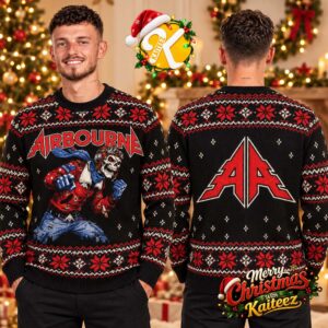 Airbourne Skeleton Aviator And Logo Black And Red Ugly Christmas Sweater