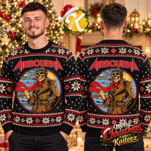 Airbourne Skeleton Pilot And Warplanes Black And Red Ugly Christmas Sweater