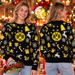 Borussia Dortmund BVB 09 Christmas Reindeer Snowflake Festive Pattern Ugly Christmas Sweater