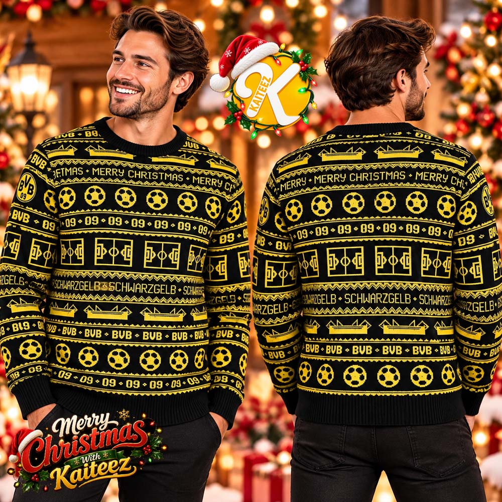 Borussia Dortmund BVB 09 Merry Christmas Schwarzgelb Football Pattern Ugly Christmas Sweater Borussia Dortmund BVB 09 Merry Christmas Schwarzgelb Football Pattern Ugly Christmas Sweater