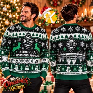 Borussia Monchengladbach Christmas Reindeer Snowflake Stadium Green Black Ugly Christmas Sweater