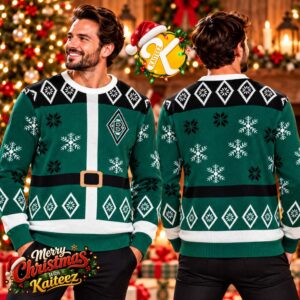 Borussia Monchengladbach Green Santa Belt Snowflake Ugly Christmas Sweater