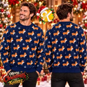 Corgi Dog Pattern Navy Blue Ugly Christmas Sweater