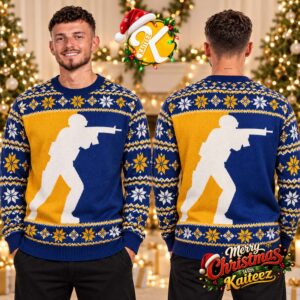 Counter Strike 2 Logo Soldier Silhouette Blue And Yellow Ugly Christmas Sweater