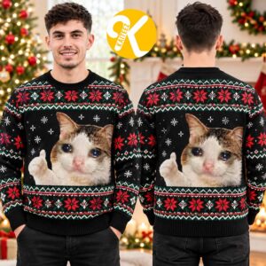 Crying Cat Thumbs Up Meme Black Ugly Christmas Sweater