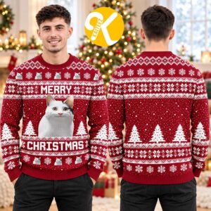 Cute Cat Merry Christmas Red And White Ugly Christmas Sweater