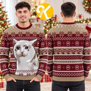 Cute Wide Eyed Cat Burgundy And Beige Ugly Christmas Sweater