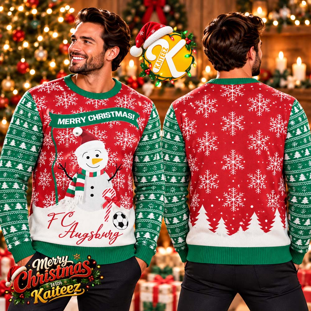 FC Augsburg Merry Christmas Snowman Red Green Ugly Christmas Sweater FC Augsburg Merry Christmas Snowman Red Green Ugly Christmas Sweater