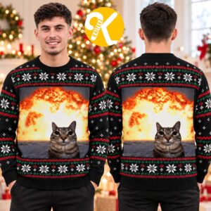 Funny Explosion Cat Meme Black Ugly Christmas Sweater