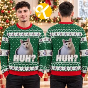 Funny Huh Cat Meme Green And Red Ugly Christmas Sweater