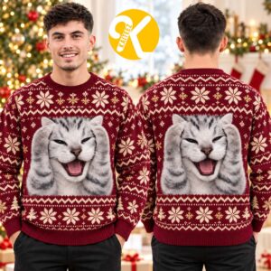 Funny Screaming Cat Meme Burgundy Snowflake Ugly Christmas Sweater