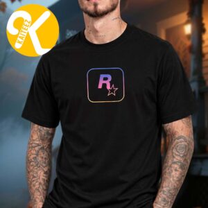 Male model wearing a black T-shirt with a blue, purple, pink and yellow Rockstar R-star chest graphic inside a rounded-square outline.