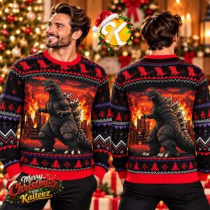 Godzilla Burning City Fire Red Moon Ugly Christmas Sweater