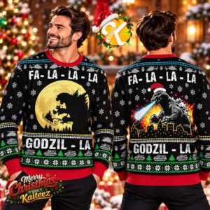Godzilla Fa La La La Christmas Moonlight Ugly Christmas Sweater