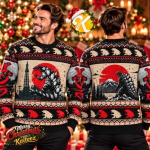 Godzilla Japanese Red Sun Mount Fuji Ugly Christmas Sweater