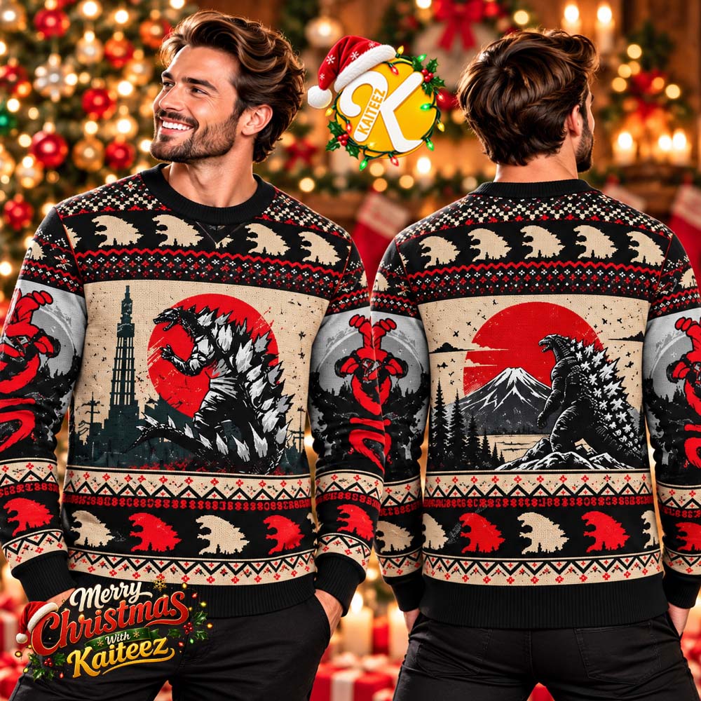 Godzilla Japanese Red Sun Mount Fuji Ugly Christmas Sweater Godzilla Japanese Red Sun Mount Fuji Ugly Christmas Sweater