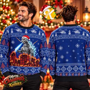 Godzilla Santa Claus Blue Fire City Destruction Ugly Christmas Sweater