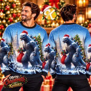 Godzilla Santa Claus Christmas Gifts Blue Ugly Christmas Sweater