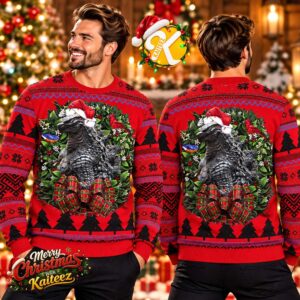Godzilla Santa Claus Christmas Wreath Red Ugly Christmas Sweater