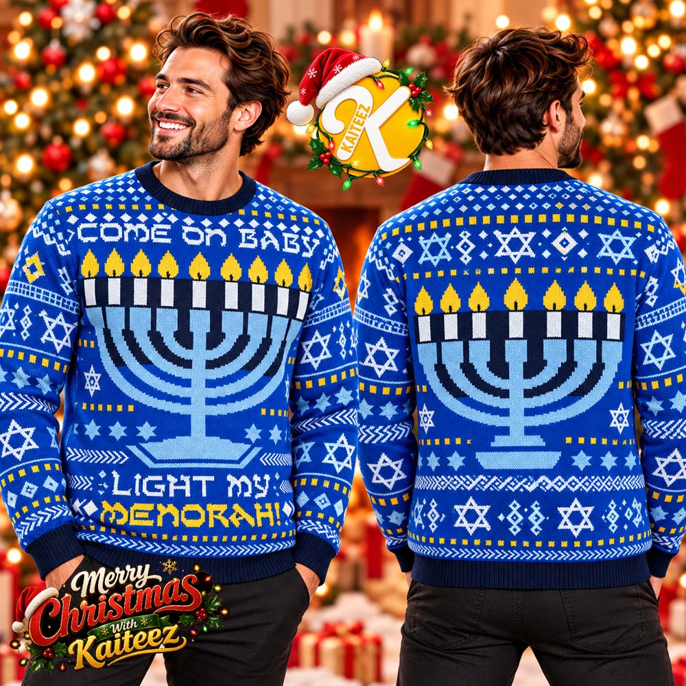 Hanukkah Come On Baby Light My Menorah Blue Ugly Christmas Sweater Hanukkah Come On Baby Light My Menorah Blue Ugly Christmas Sweater