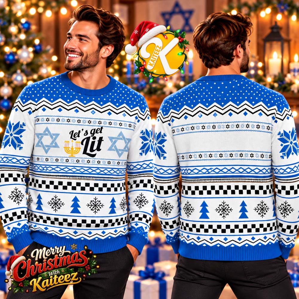 Too Lit To Quit Hanukkah Menorah Star Of David Two Sided Ugly Christmas Sweater Too Lit To Quit Hanukkah Menorah Star Of David Two Sided Ugly Christmas Sweater