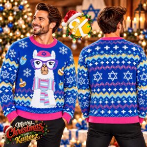 Hanukkah Llama Blue Ugly Christmas Sweater Funny Holiday Menorah Star Of David Design