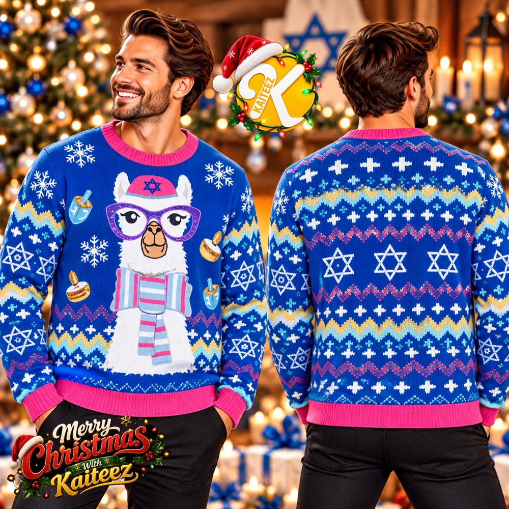 Hanukkah Llama Blue Ugly Christmas Sweater Funny Holiday Menorah Star Of David Design Hanukkah Llama Blue Ugly Christmas Sweater Funny Holiday Menorah Star Of David Design