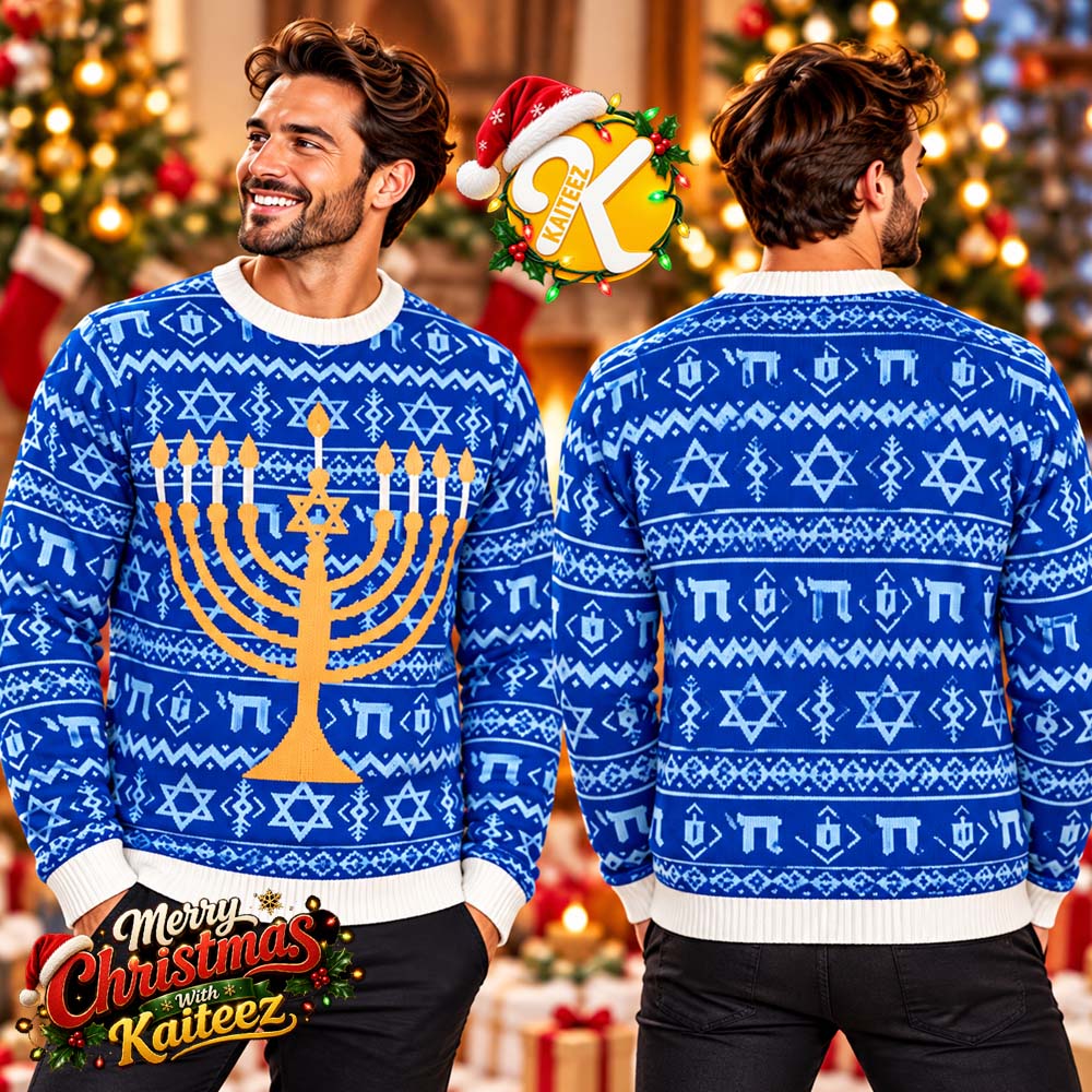 Hanukkah Menorah Star Of David Blue Ugly Christmas Sweater Hanukkah Menorah Star Of David Blue Ugly Christmas Sweater