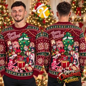Helluva Boss Hazbin Hotel Merry Sinsmas Character Collage Burgundy Ugly Christmas Sweater