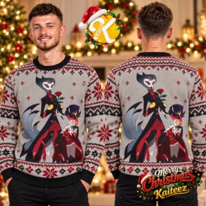 Helluva Boss Stolas And Blitzo Gray And Red Ugly Christmas Sweater