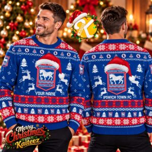 Ipswich Town FC Custom Name Santa Hat Christmas Ugly Sweater