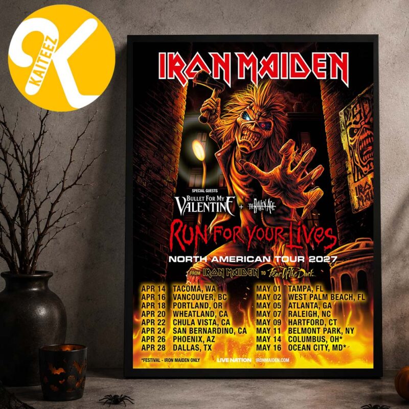Black-framed Iron Maiden Run For Your Lives 2027 poster featuring Eddie in an alley, printed tour dates, and orange flames.