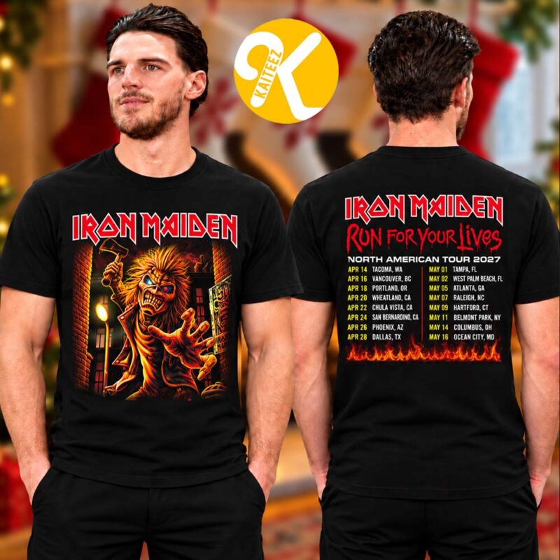 Front and back views of a black Iron Maiden T-shirt with Eddie artwork and a printed Run For Your Lives North American Tour 2027 schedule.