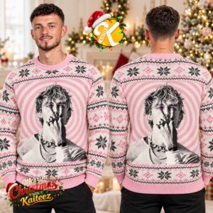 Machine Gun Kelly MGK Peace Sign Portrait Pink Spiral Ugly Christmas Sweater