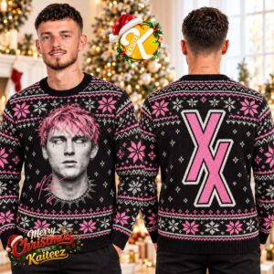 Machine Gun Kelly MGK Pink Hair Portrait And XX Logo Black And Pink Ugly Christmas Sweater