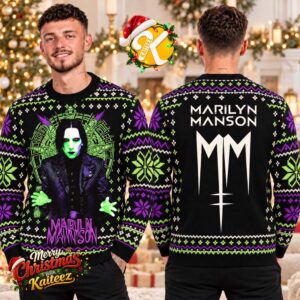 Marilyn Manson Green And Purple Portrait With MM Logo Black Ugly Christmas Sweater