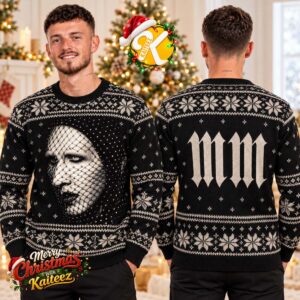 Marilyn Manson Veiled Portrait And Gothic MM Logo Black Ugly Christmas Sweater