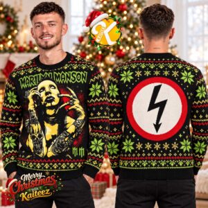 Marilyn Manson Yellow Portrait And Lightning Logo Black Ugly Christmas Sweater