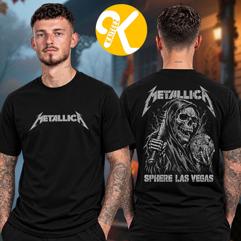 Metallica Las Vegas NV Sphere Pop Up Shop Life Burns Faster Grim Reaper Holding The Sphere Two Sided Unisex T-Shirt Metallica Las Vegas NV Sphere Pop Up Shop Life Burns Faster Grim Reaper Holding The Sphere Two Sided Unisex T-Shirt