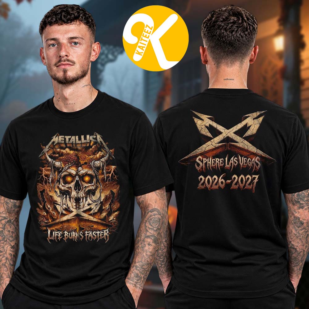 Metallica Las Vegas NV Sphere Pop Up Shop Life Burns Faster Viking Skull Two Sided Unisex T-Shirt Metallica Las Vegas NV Sphere Pop Up Shop Life Burns Faster Viking Skull Two Sided Unisex T-Shirt