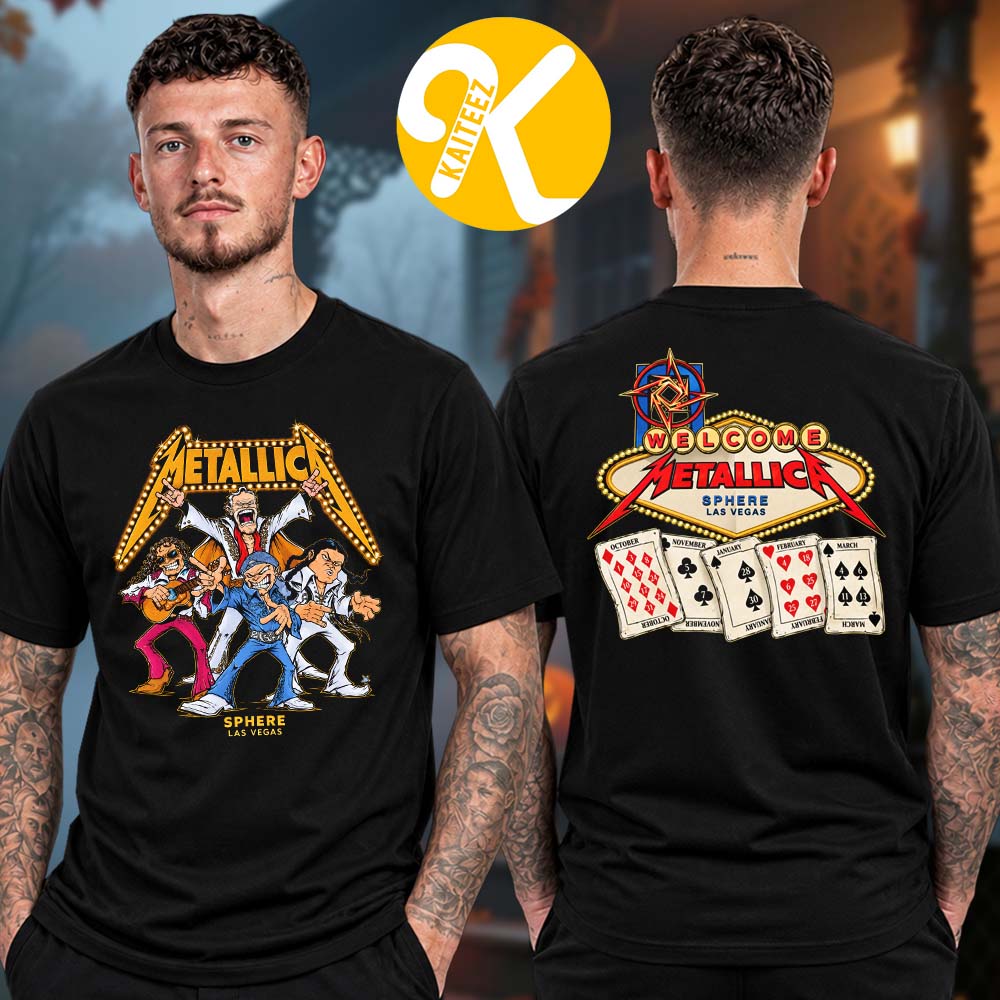 Metallica Merch Las Vegas 2026 Sphere Pop Up Shop Welcome To Sphere Las Vegas Playing Cards Tour Dates Two Sided Unisex T-Shirt Metallica Merch Las Vegas 2026 Sphere Pop Up Shop Welcome To Sphere Las Vegas Playing Cards Tour Dates Two Sided Unisex T-Shirt