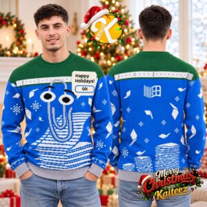 Microsoft Clippy Happy Holidays Blue And Green Ugly Christmas Sweater