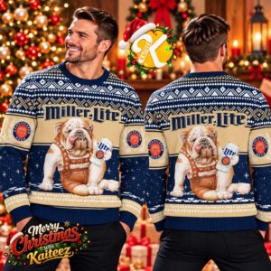 Miller Lite Beer Bulldog Navy Blue Ugly Christmas Sweater