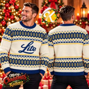 Miller Lite Beer Christmas Cream Blue Fair Isle Holiday Knit Ugly Sweater