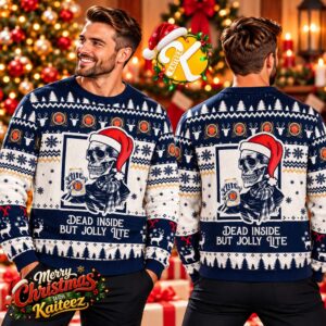 Miller Lite Beer Dead Inside But Jolly Lite Santa Skull Ugly Christmas Sweater