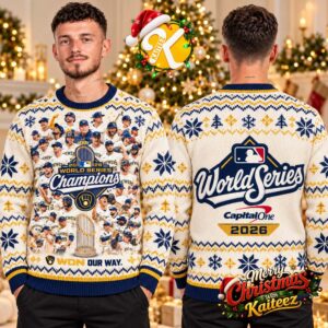 Milwaukee Brewers 2026 World Series Champions Team Collage Cream And Navy Ugly Christmas Sweater