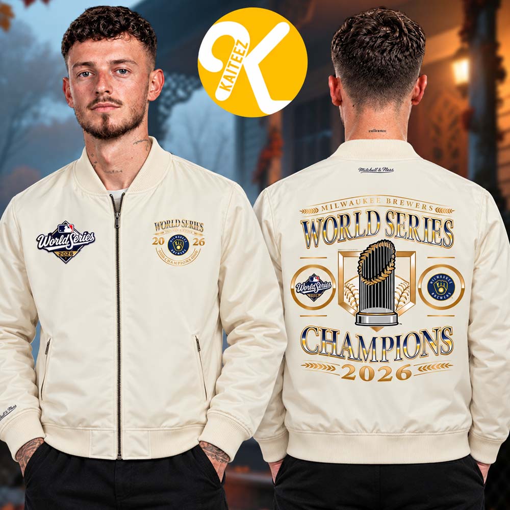 Milwaukee Brewers Merch Mitchell And Ness 2026 World Series Champions Cream Zip Bomber Jacket Milwaukee Brewers Merch Mitchell And Ness 2026 World Series Champions Cream Zip Bomber Jacket