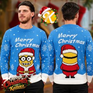 Minions Santa Claus Merry Christmas Blue Ugly Christmas Sweater