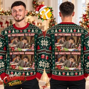 Mr Bean Pretending To Sleep On Christmas Morning Meme Green Ugly Christmas Sweater