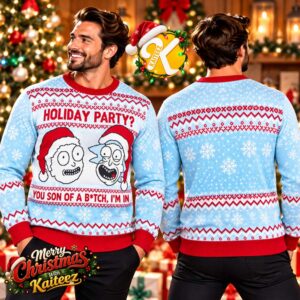 Rick And Morty Holiday Party Light Blue Ugly Christmas Sweater